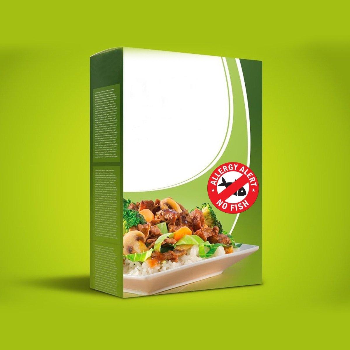 Allergy alert sticker for fish allergies on a food package against a bright green background.
