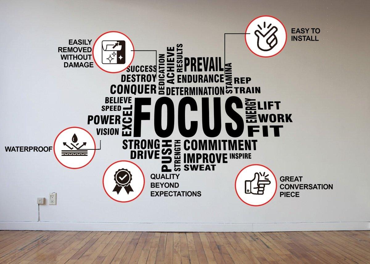 Motivational fitness wall sticker featuring the word 'FOCUS' with easy installation, waterproof, and removable features.
