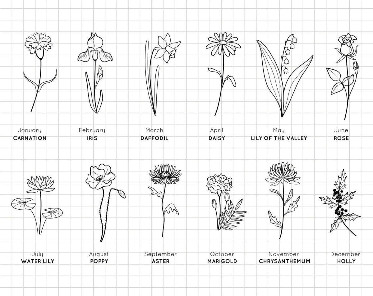 Illustration of birth flowers for each month: Carnation, Iris, Daffodil, Daisy, Lily of the Valley, Rose, and more.