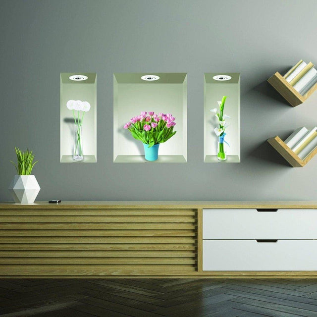 Three 3D floral wall decals in lighted niches, showcasing vibrant flowers in vases for home decor.