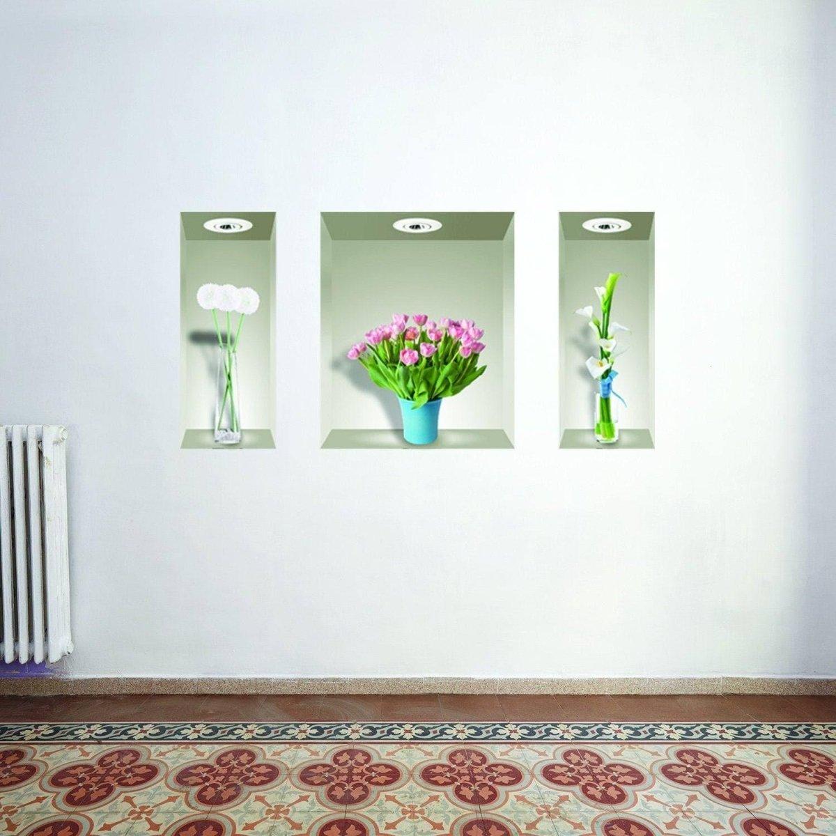 3D flower wall decals featuring vibrant flowers in vases, ideal for home decor in any room.