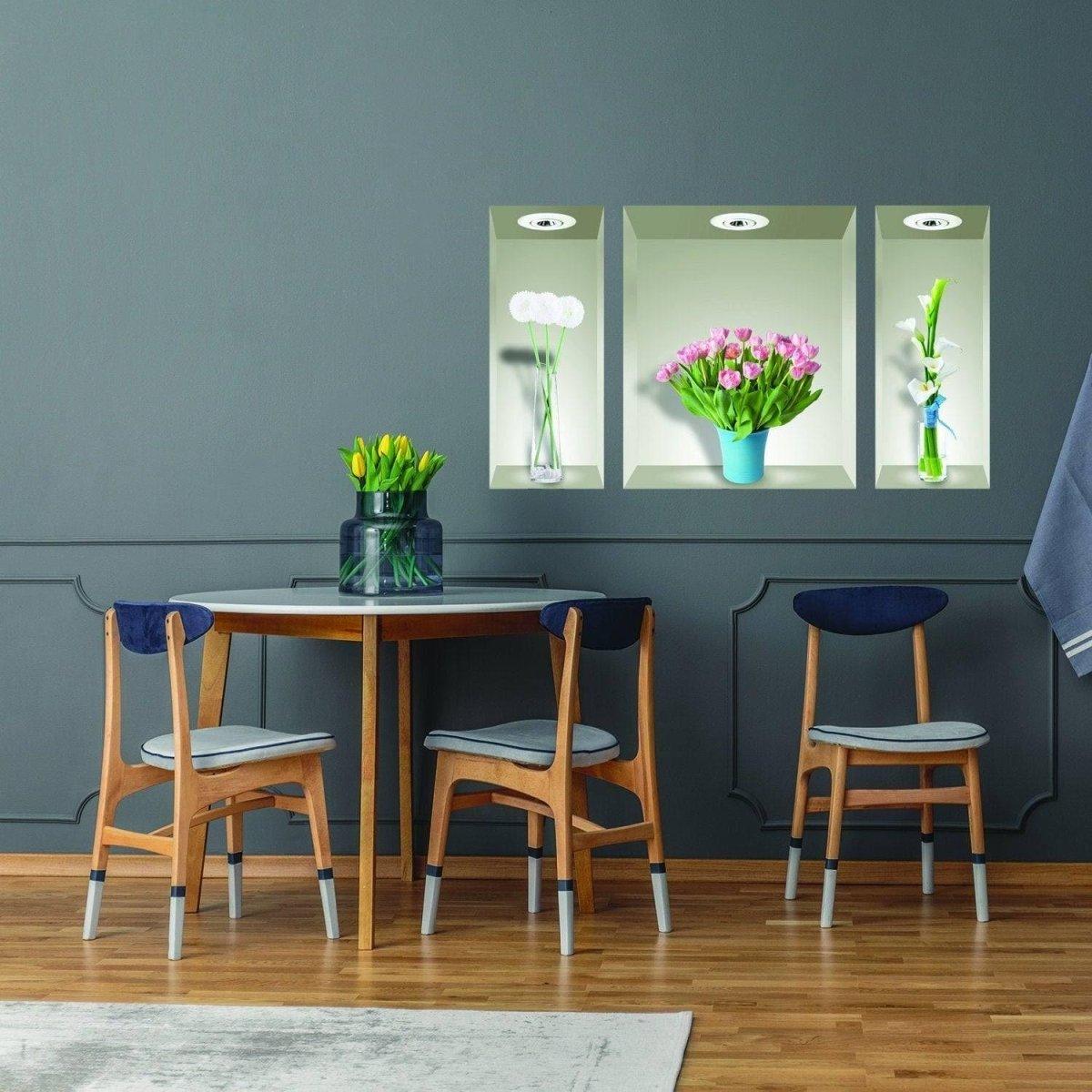 Vibrant 3D floral wall decals above a dining table, enhancing the room's bright and modern decor.