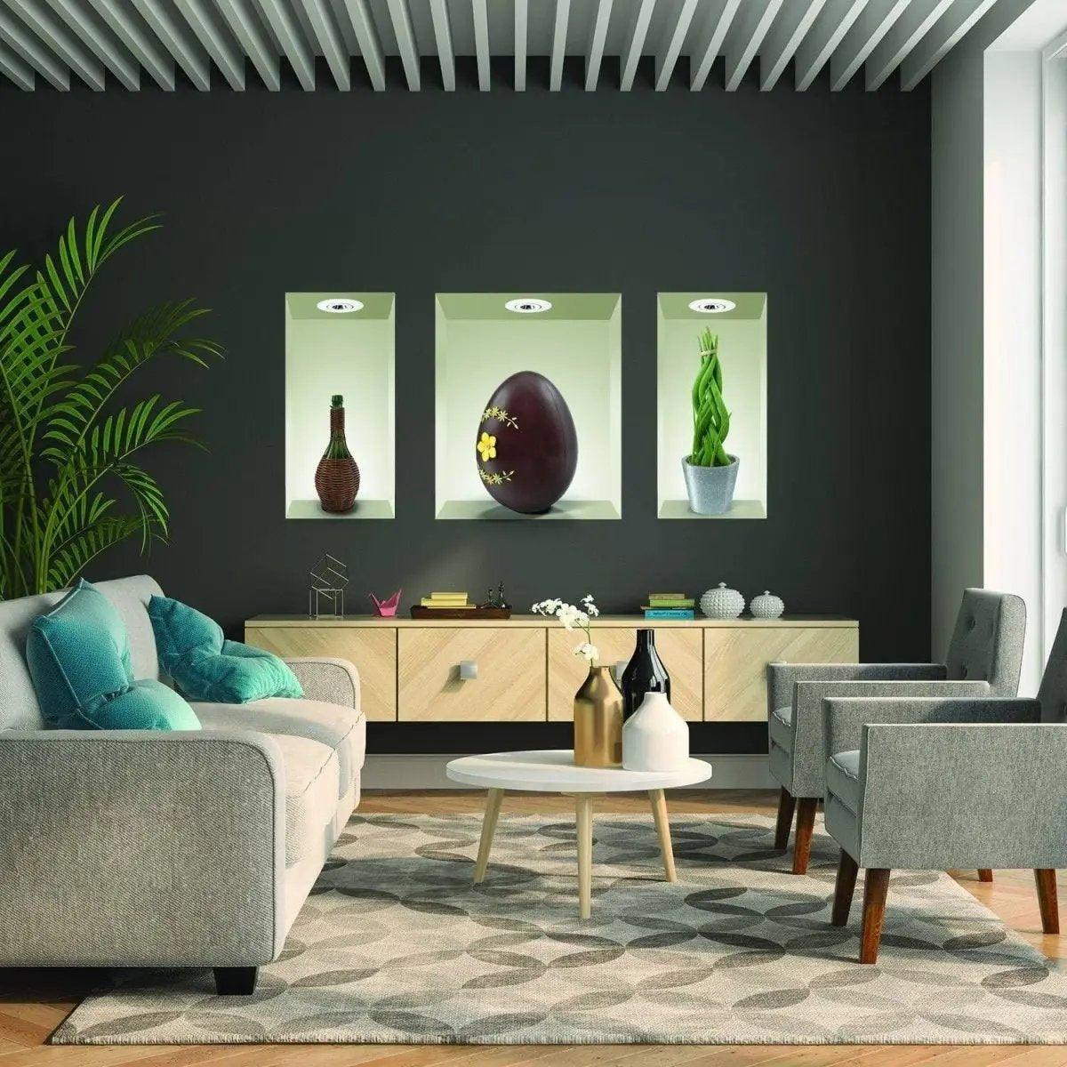 Modern living room featuring wall decor with decorative egg, plant, and bottle in stylish display niches.
