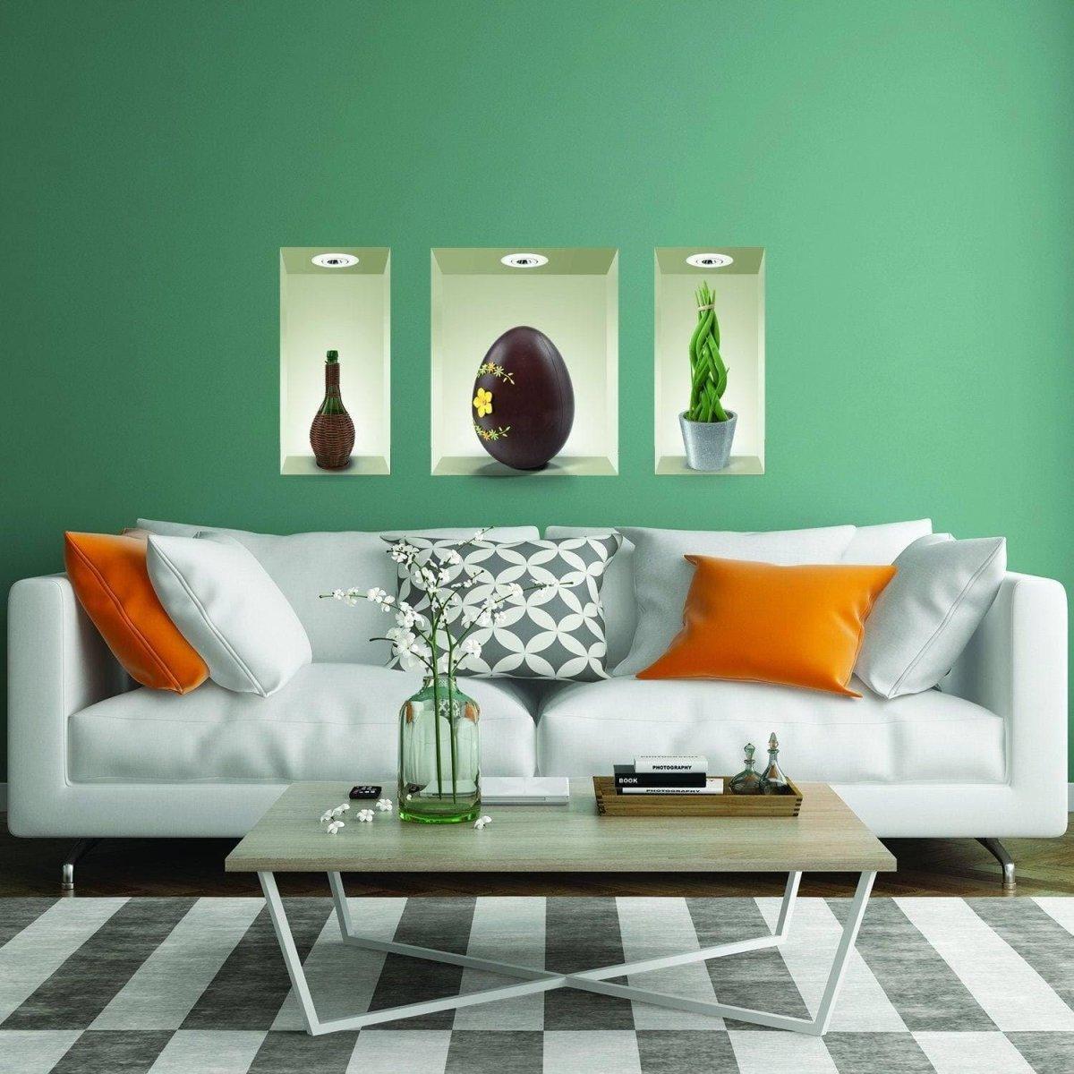 Stylish living room with modern decor, featuring 3D wall art stickers and a cozy sofa.