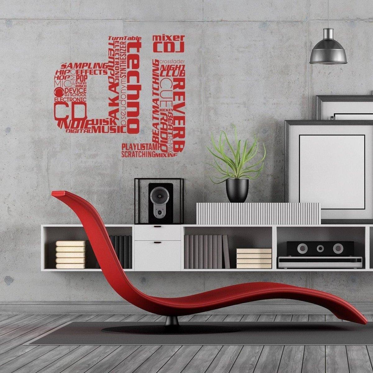 Stylish DJ music wall decal in modern interior with red accent chair and sleek furniture.