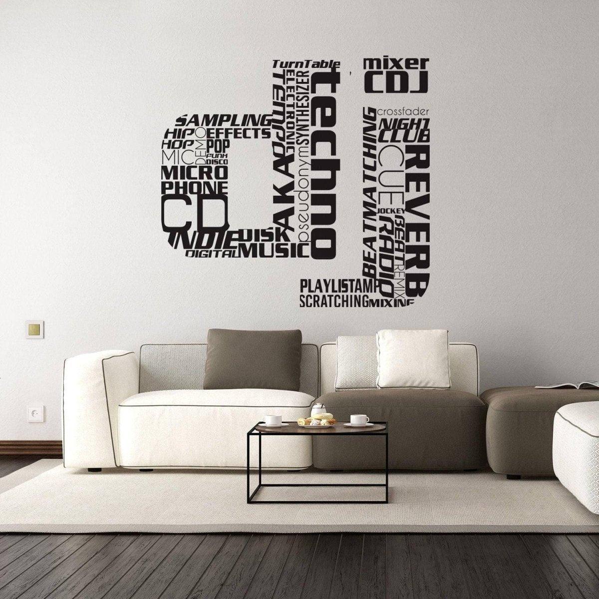DJ music wall decal with turntable, mixer, and sound-related terms in stylish design for music lovers
