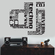 DJ wall decal featuring techno music words, enhancing any music lover's space with a stylish design.
