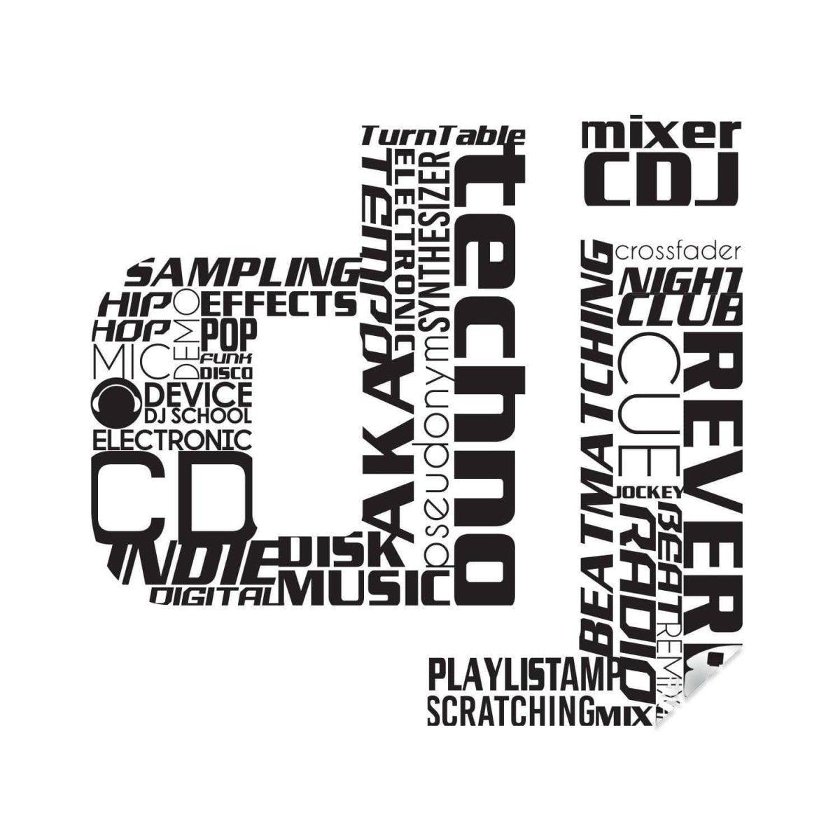 DJ wall art design featuring music-related terms in a creative typographic layout.