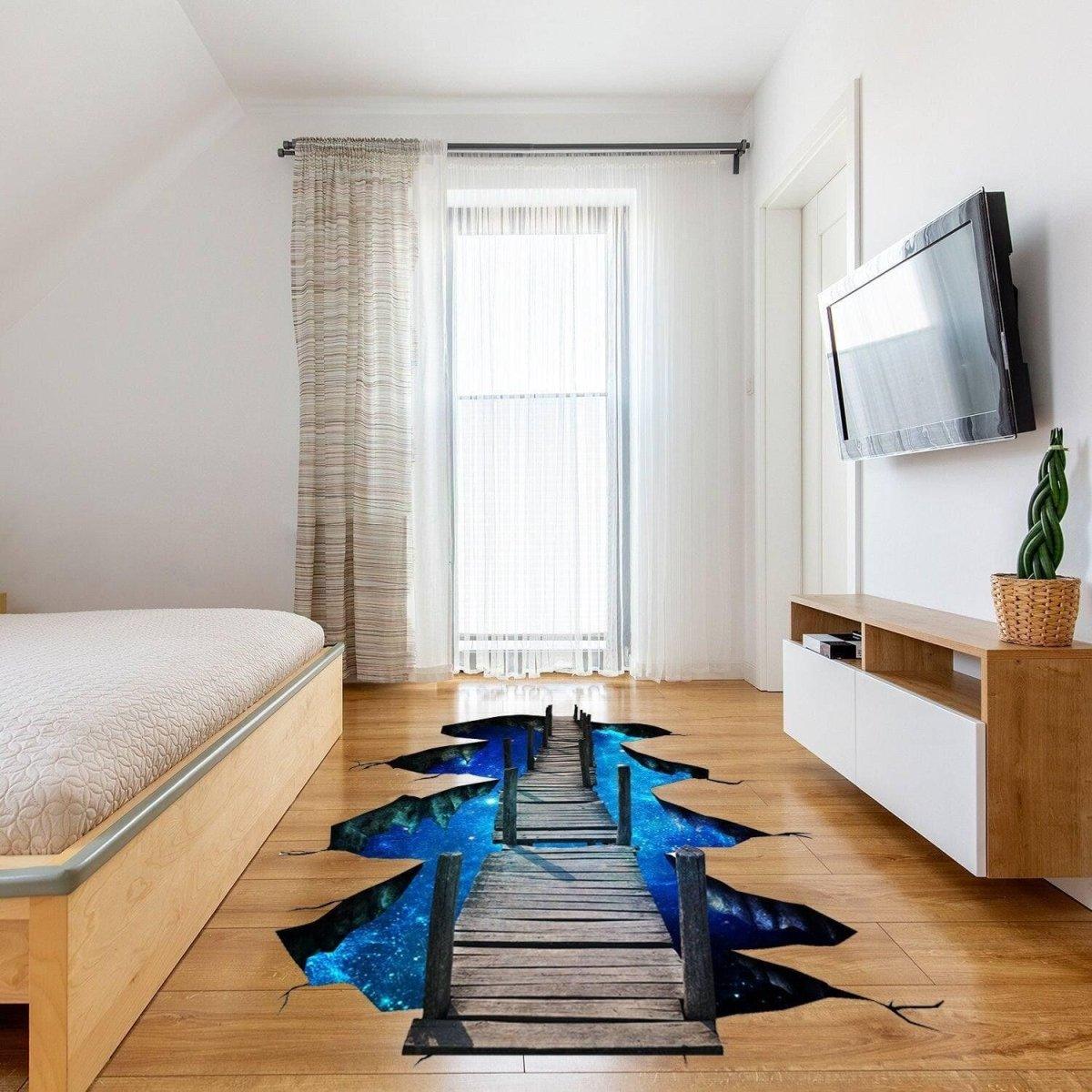 3D Space Bridge Floor Decal transforming room into a galaxy with blue colors and wooden bridge design.