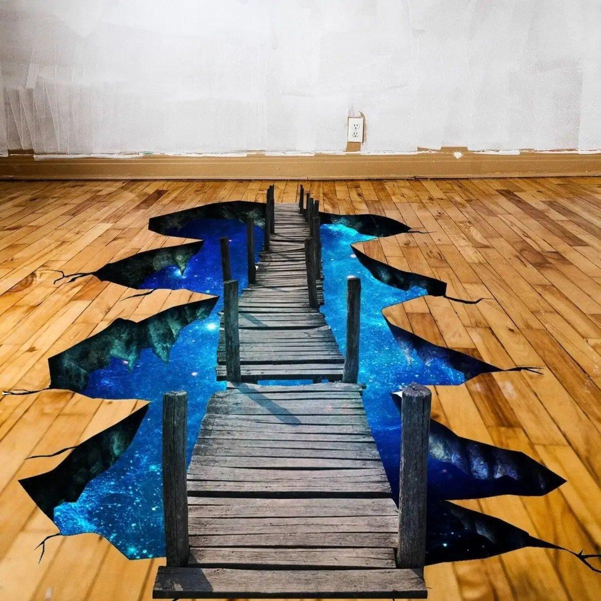3D Space Bridge Floor Decal depicting a galactic scene with a wooden pier on a wooden floor.