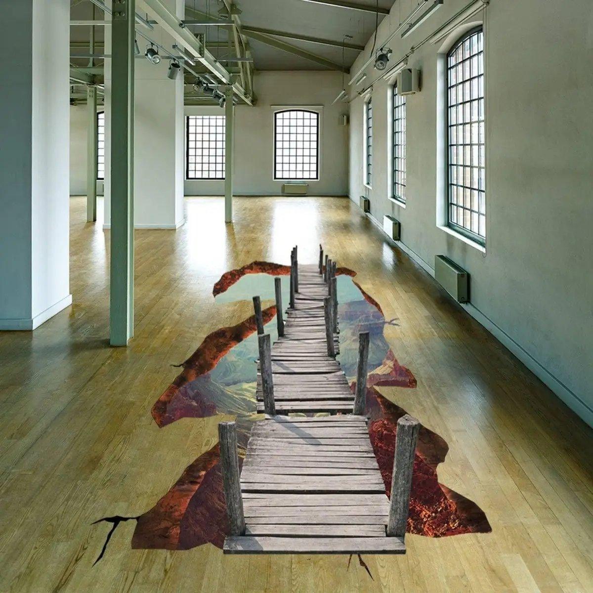 3D galactic space bridge floor decal transforming a room with vibrant colors and design.