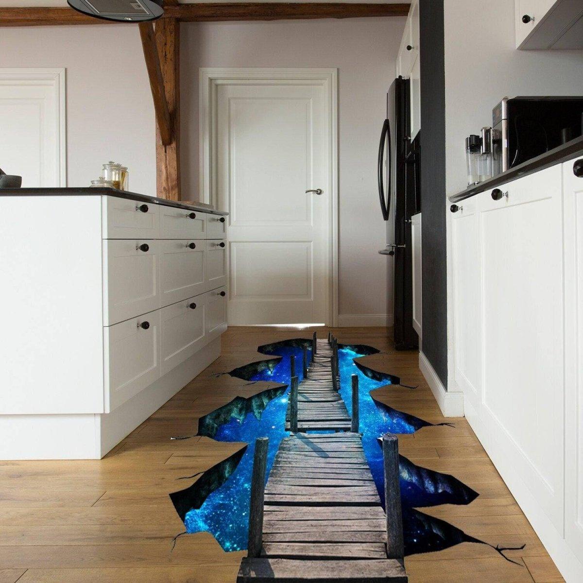 3D galactic space-themed floor decal depicting a wooden bridge over a vibrant galaxy in a modern kitchen.