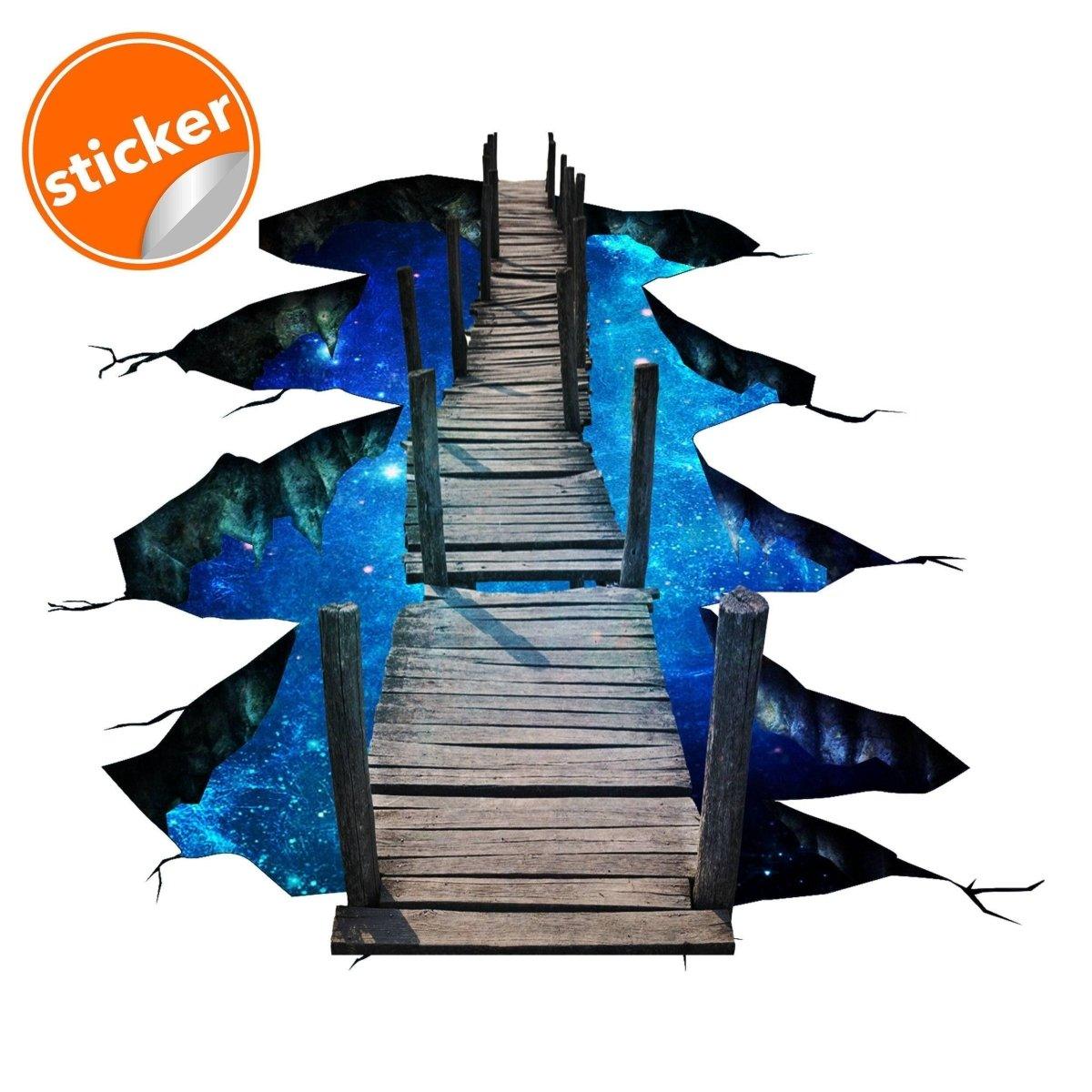 3D Space Bridge Floor Decal showing a wooden bridge over a galactic-themed background, perfect for room decor.