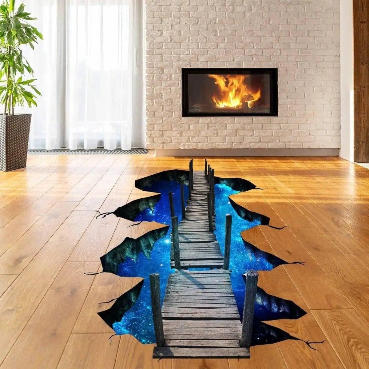 3D galaxy-themed floor decal featuring a wooden bridge leading into a cosmic space design within a room.