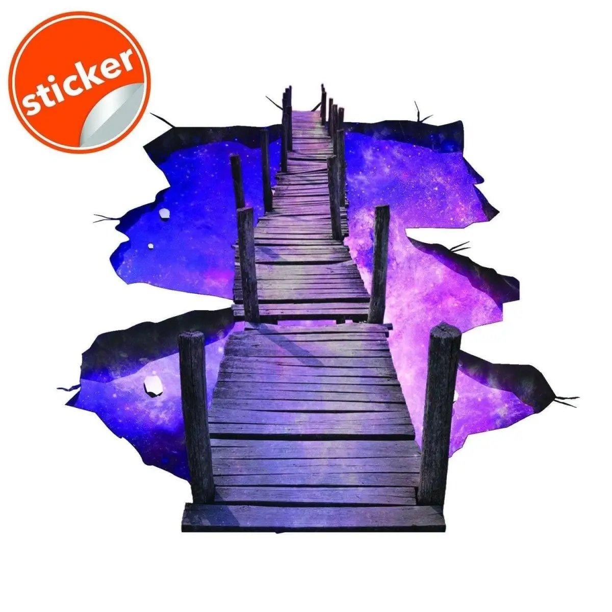 3D galactic bridge floor sticker with vibrant purple galaxy design and wooden planks, perfect for space-themed decor.