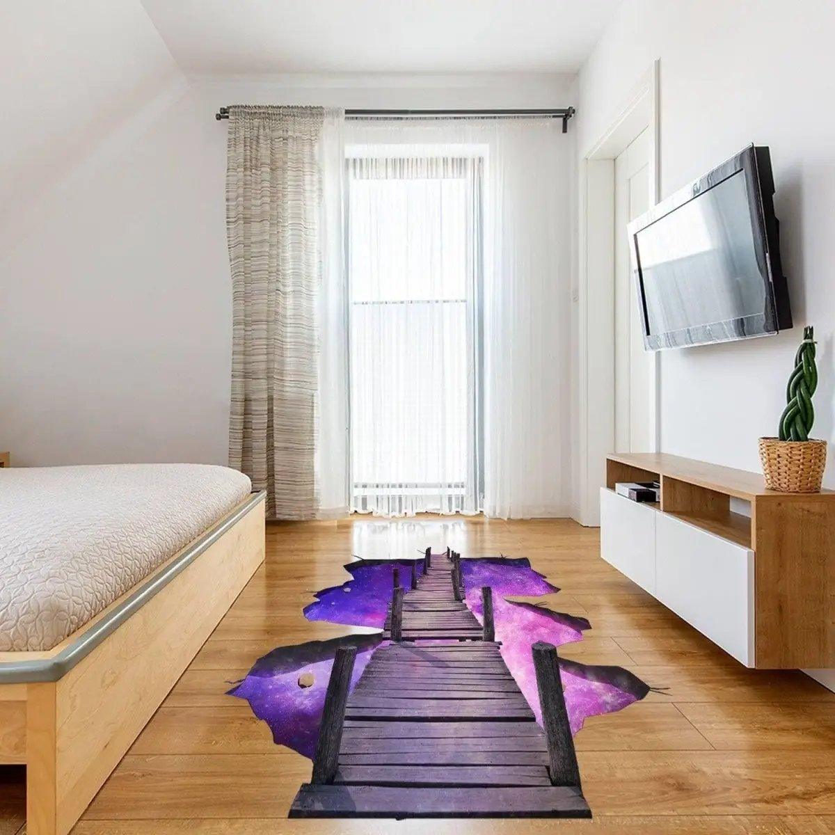 3D Galactic Bridge Floor Sticker in a modern bedroom, creating a mesmerizing galaxy decor effect.