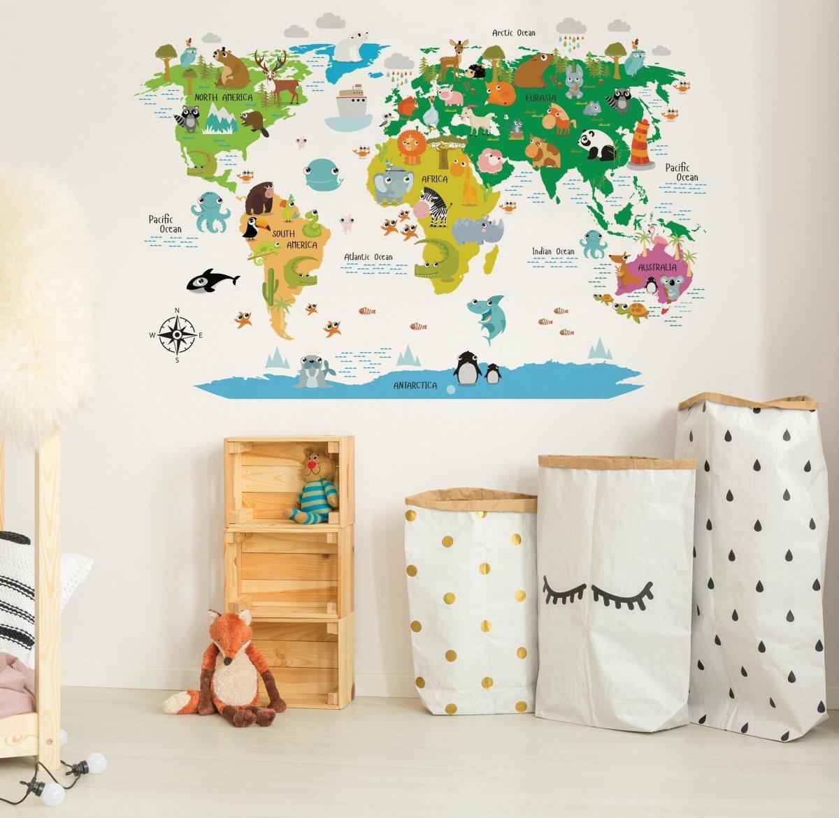 Colorful World Map Vinyl Sticker for kids' room, featuring animals and oceans, enhancing learning and imagination.