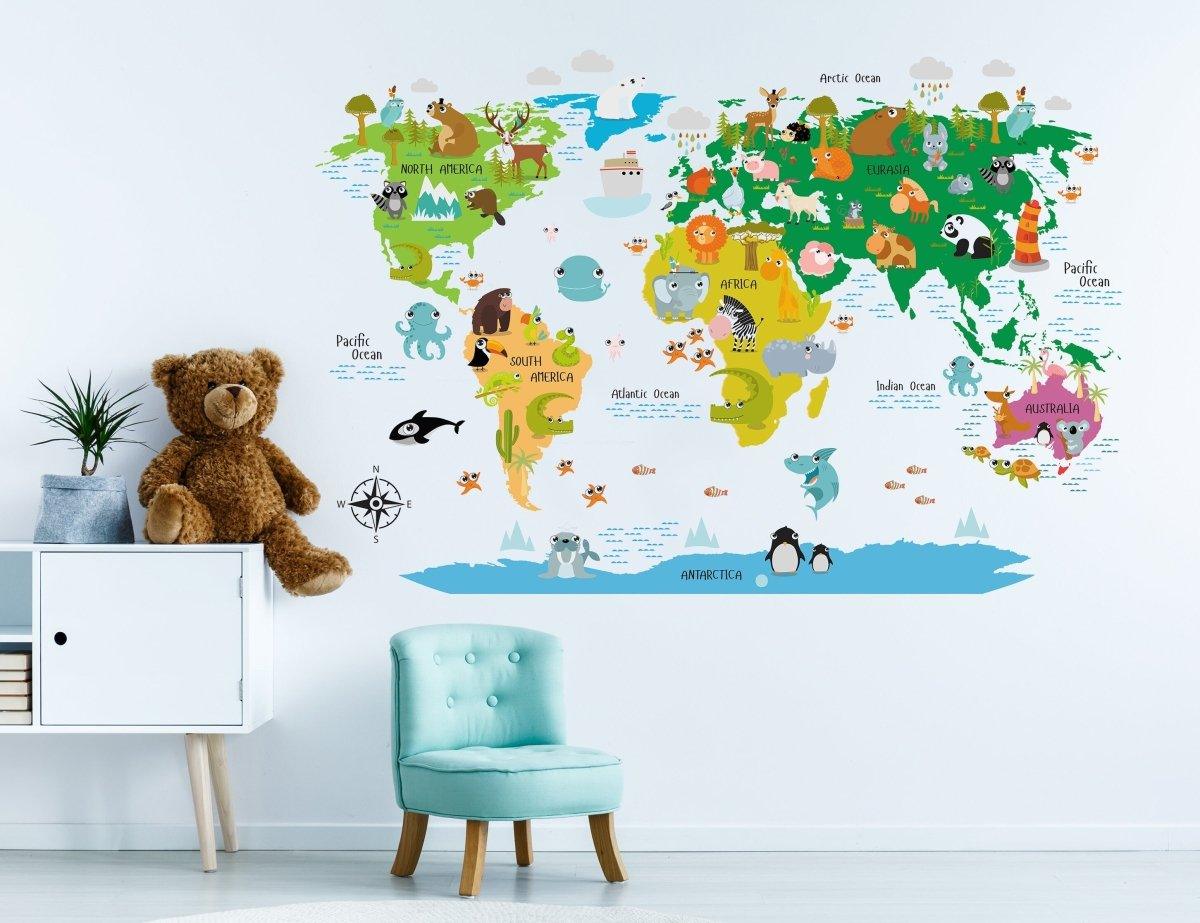 Colorful world map vinyl sticker featuring animals and oceans, ideal for children's rooms and educational decor.