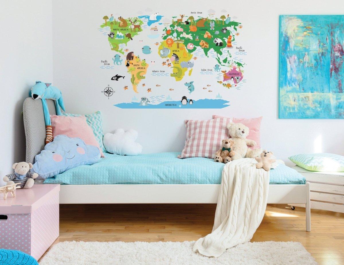 Colorful world map vinyl sticker on nursery wall, depicting animals and landmarks for educational decor.