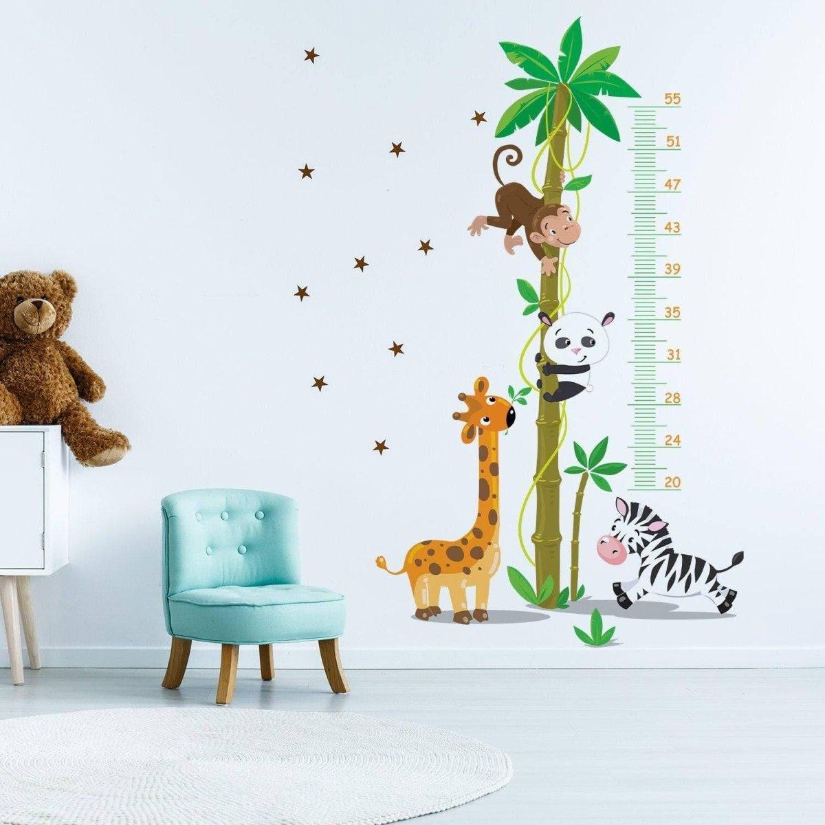 Giraffe growth chart wall sticker with jungle animals and measurement scale for kids' room decor.