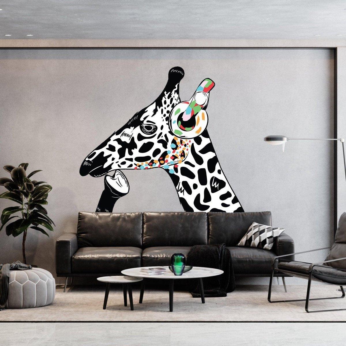Colorful giraffe vinyl decal with headphones, adding unique wall art to modern living room decor.