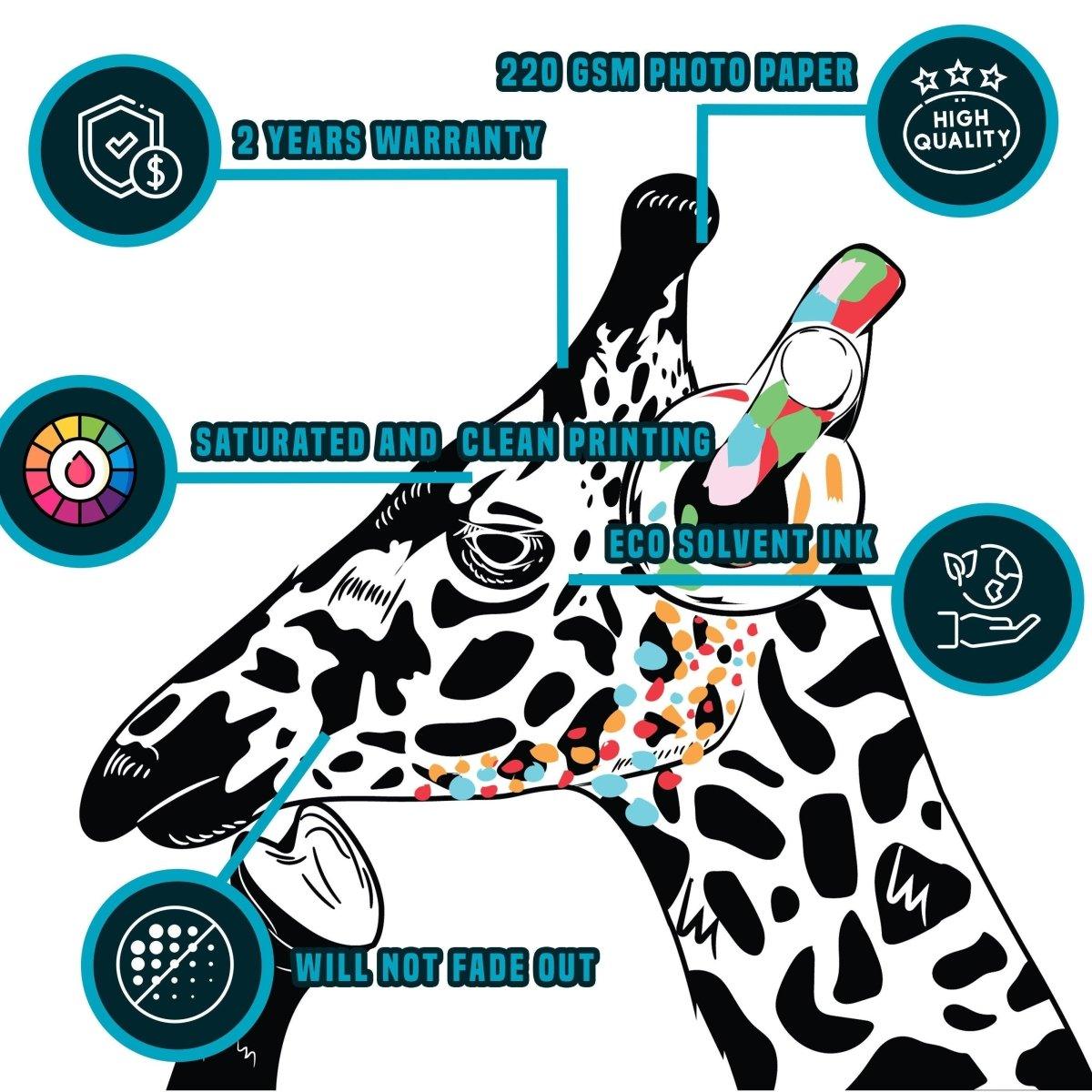 Dj Giraffe Vinyl Decal features vibrant design, 220 GSM photo paper, eco solvent ink, and 2-year warranty for lasting quality.