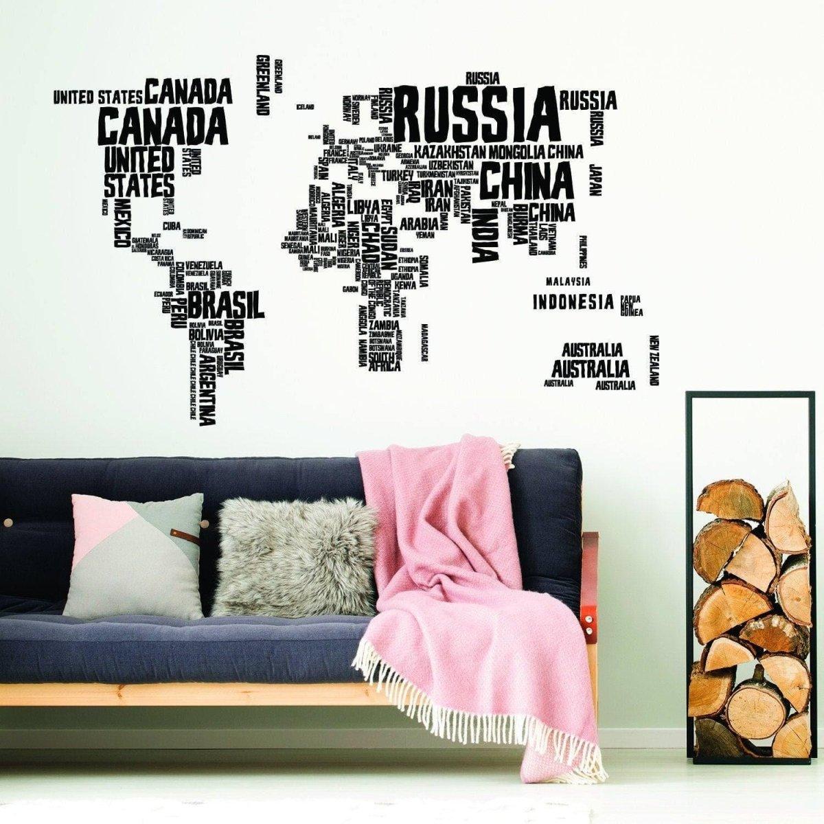 World map wall sticker design featuring country names in black, adding adventure to modern living space decor.