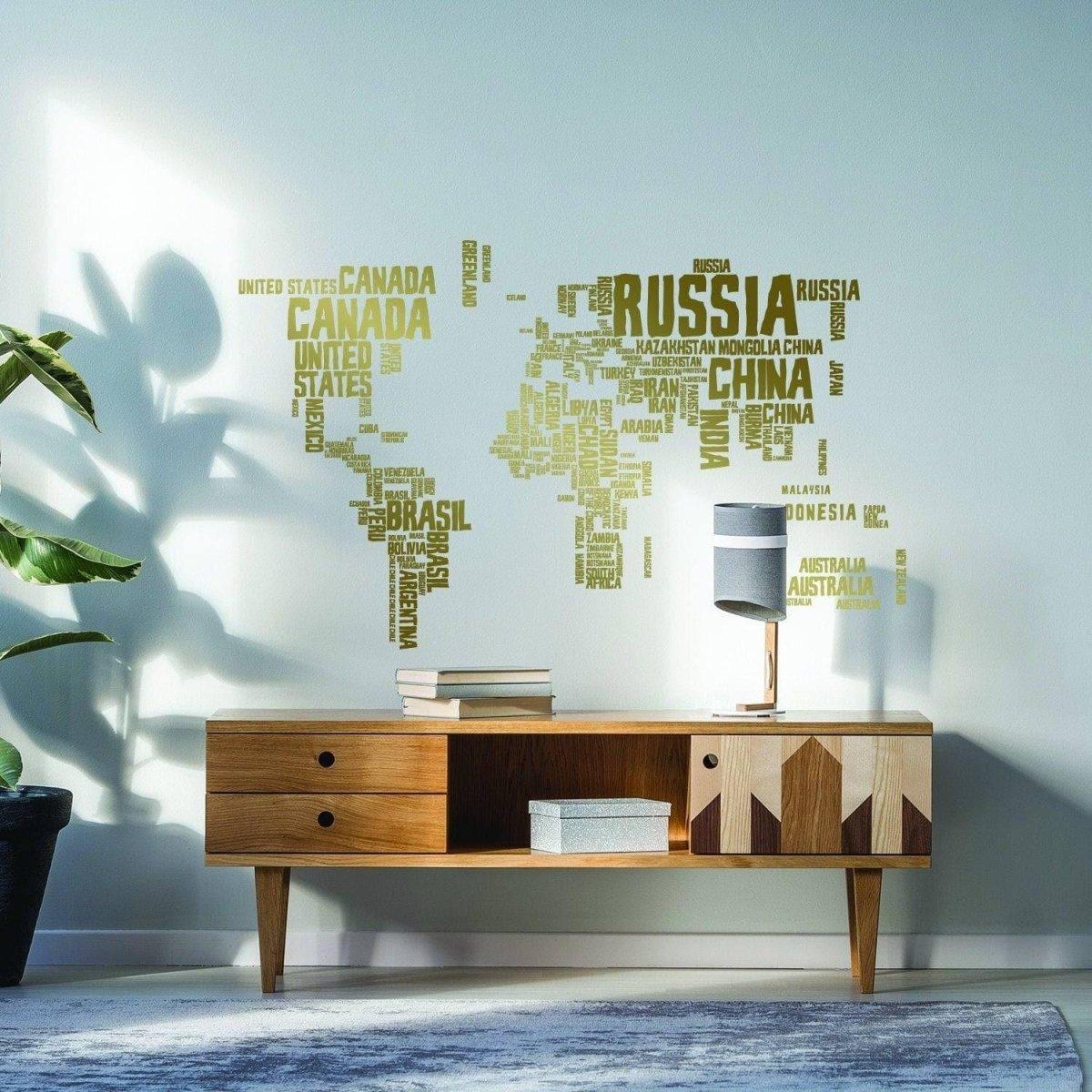 World Map Wall Sticker featuring country names, adding a stylish adventure theme to home decor.