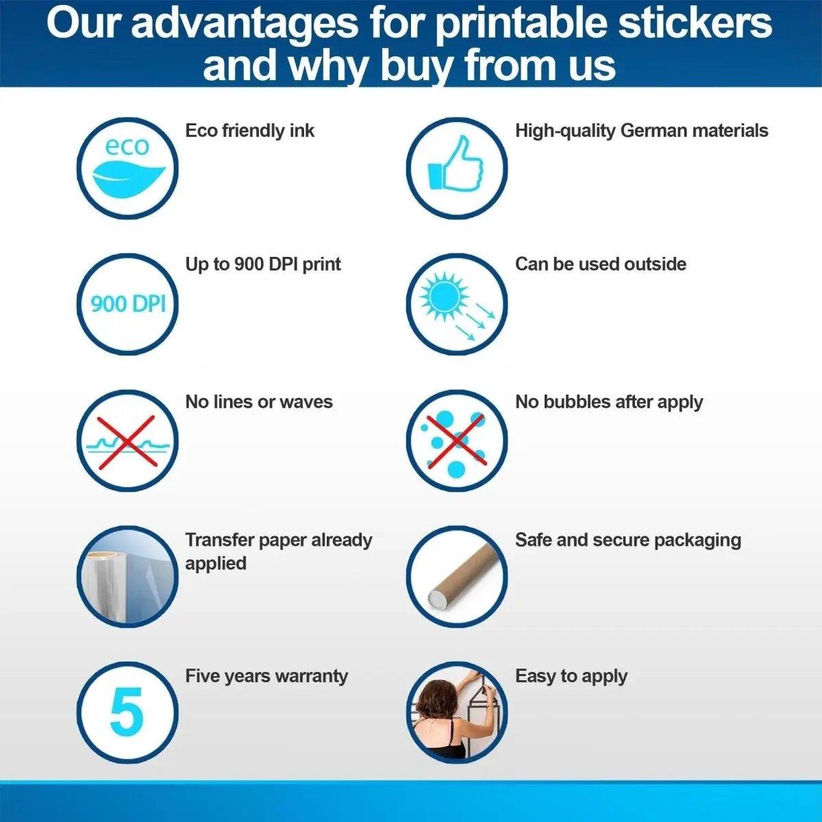 Advantages of our printable stickers, highlighting eco ink, high-quality materials, and easy application.
