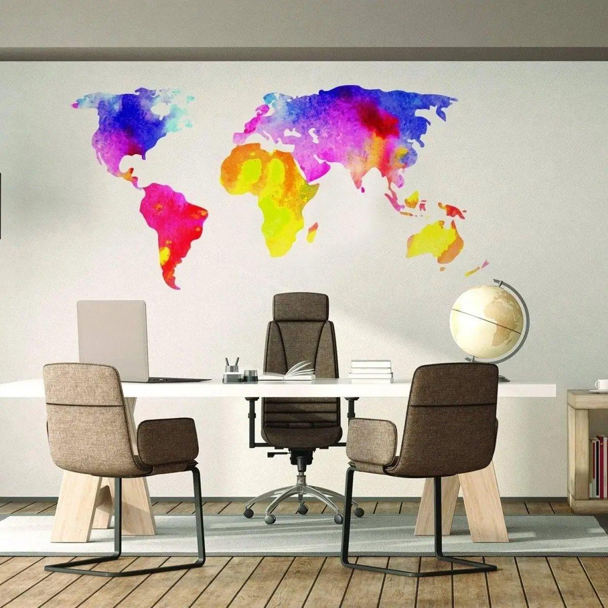 Colorful world map wall decal in modern office setting, showcasing vibrant design and stylish decor.