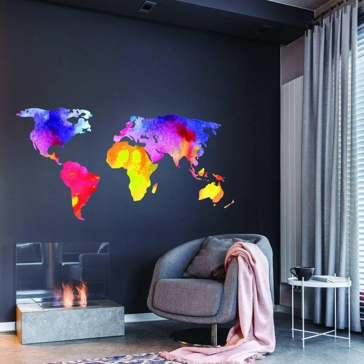 Colorful world map wall decal on dark wall, enhancing modern living space with vibrant decorative touch.