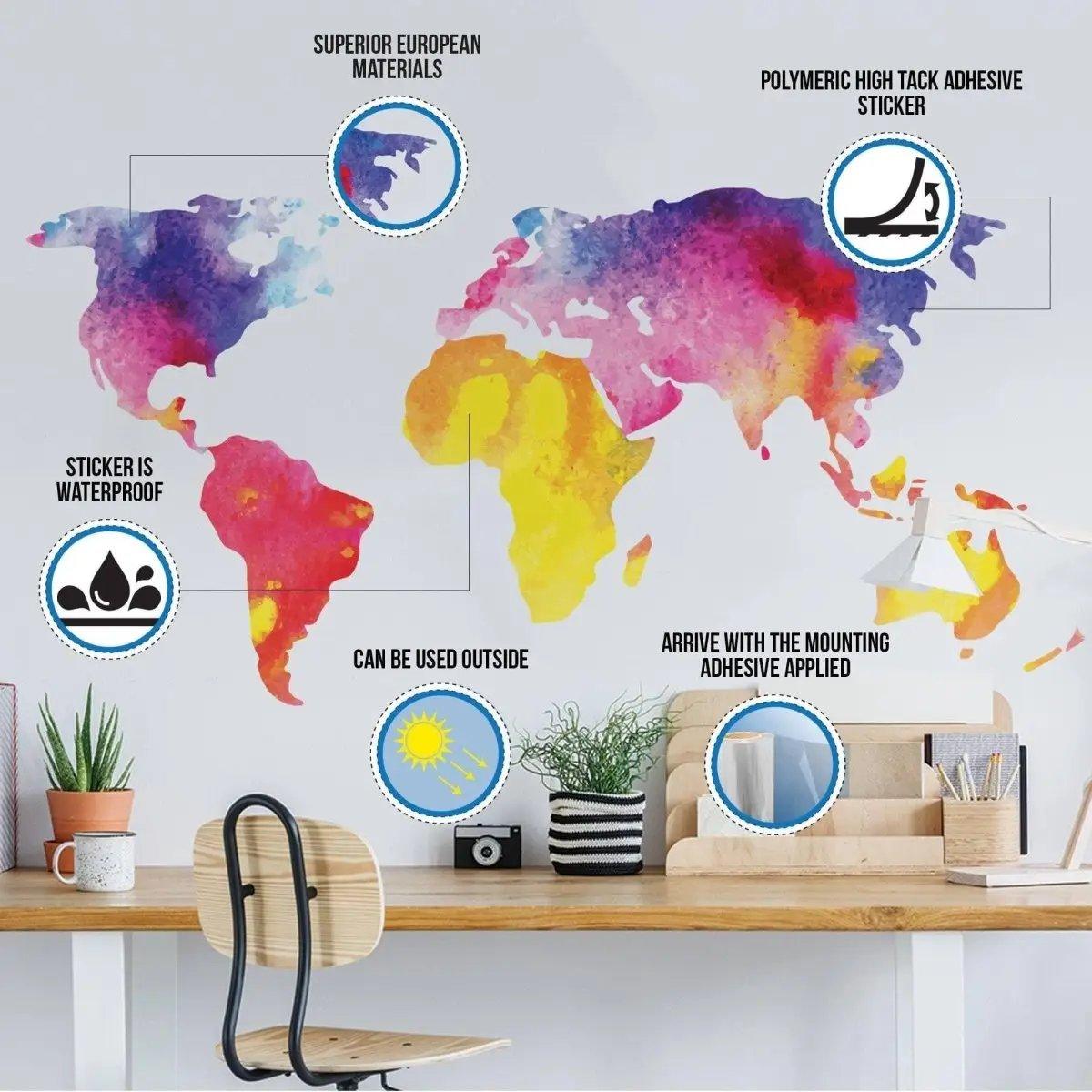 Colorful world map wall art decal showcasing waterproof, indoor-outdoor use, and superior adhesive quality.
