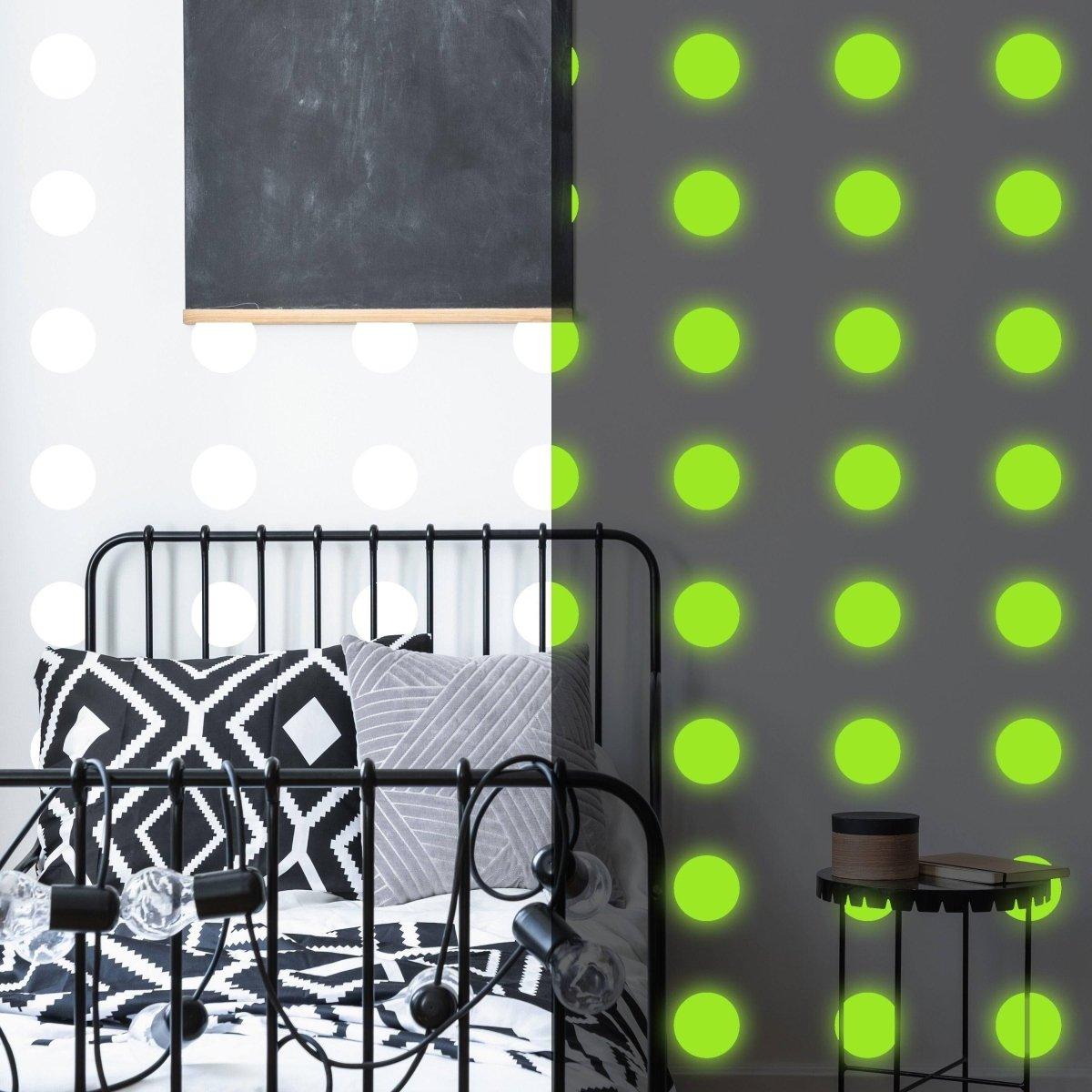 Illuminated space themed wall art with glow in dark dots in modern bedroom decor, enhancing galaxy aesthetics.