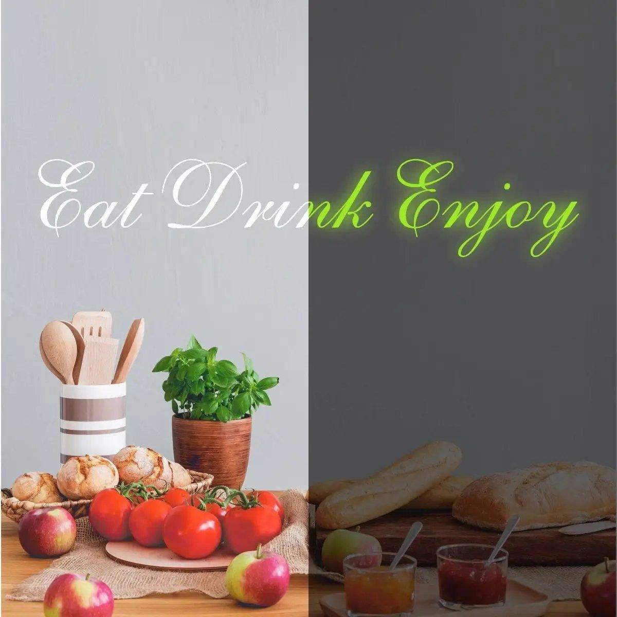 Illuminated vinyl decal reading 'Eat Drink Enjoy' with kitchen items and fresh produce.