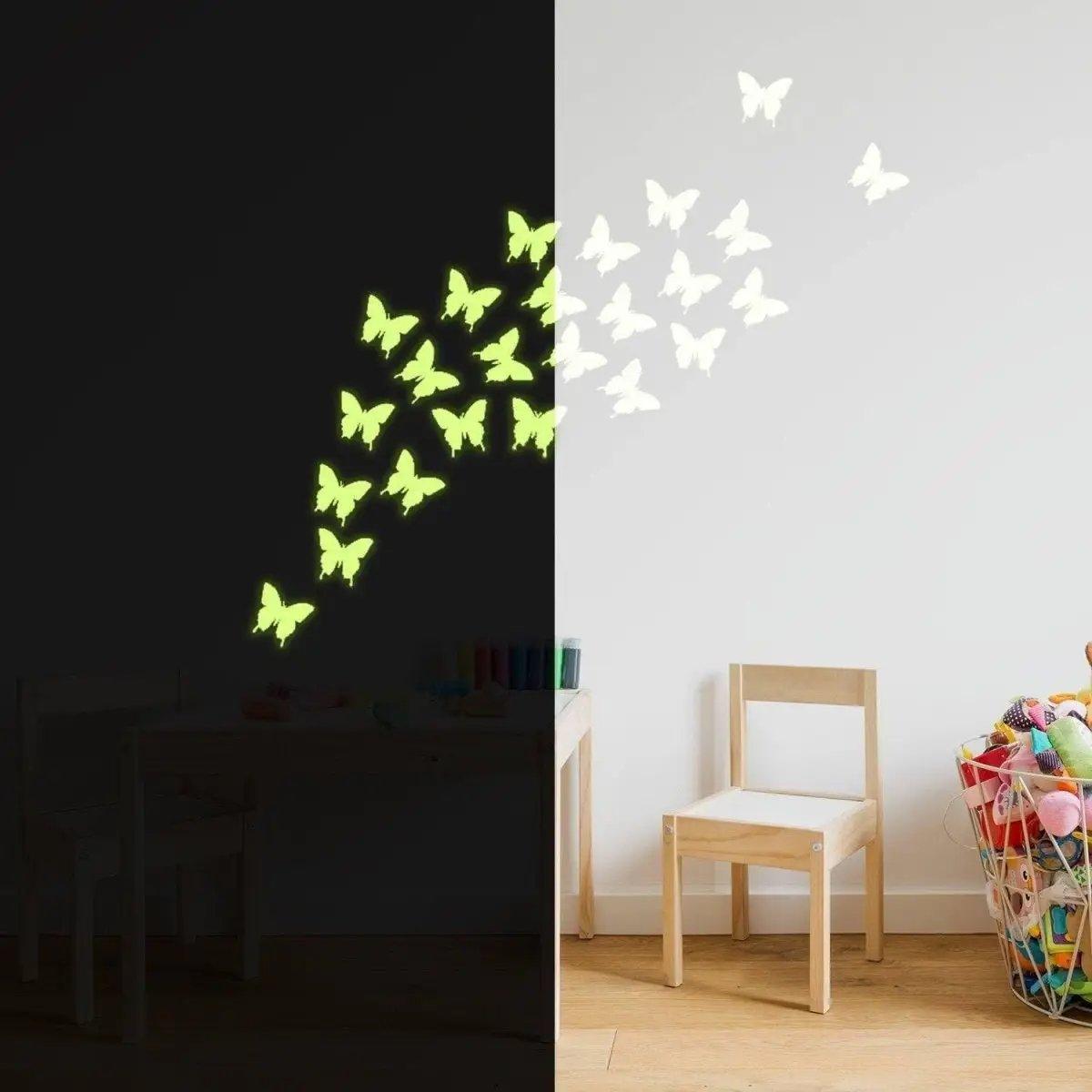 Glowing night butterflies decal illuminating a wall, showcasing bright green glow in darkness and white design in daylight.