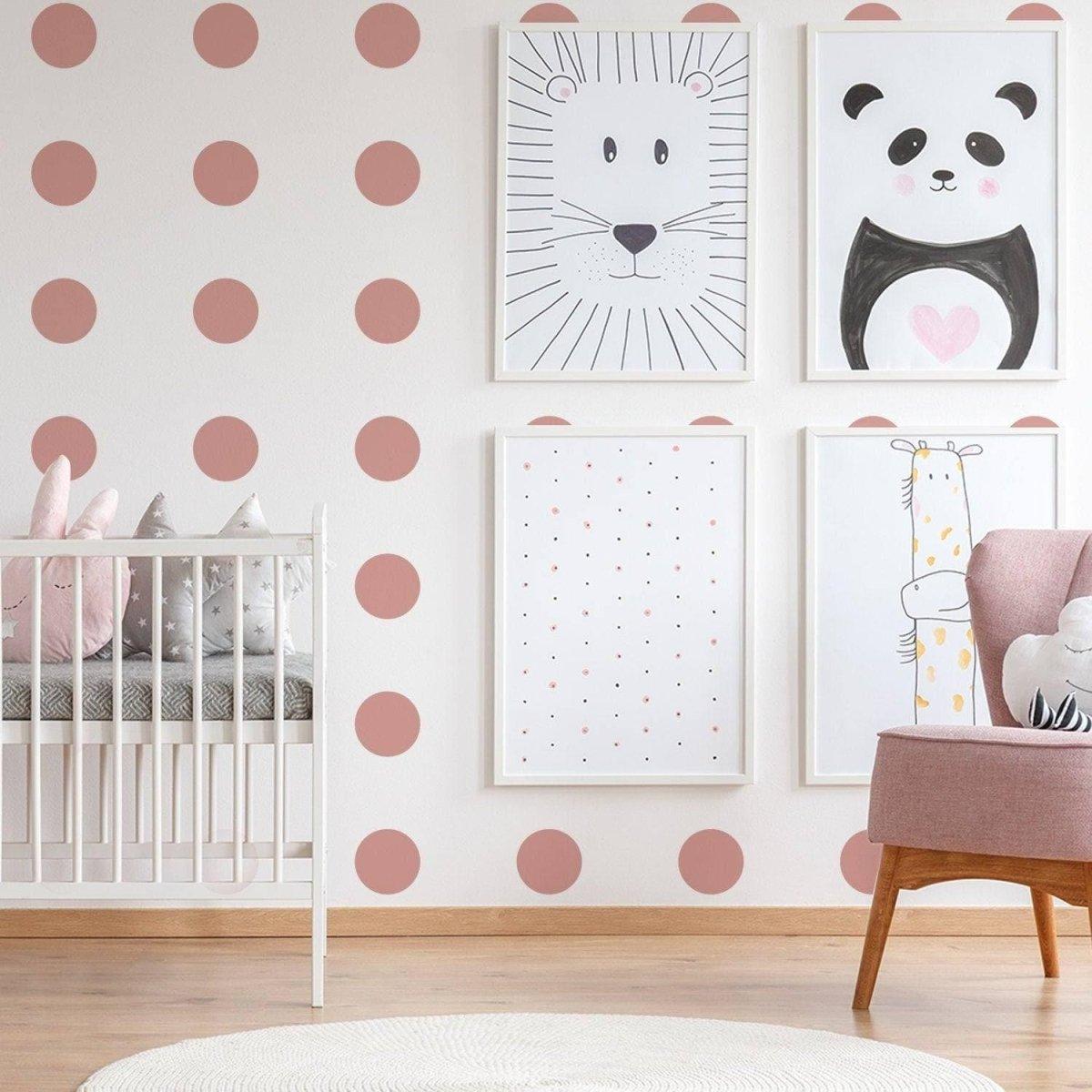 Gold circle wall decals in a stylish nursery featuring animal art, perfect for adding charm to kids' spaces.