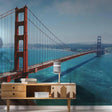 Golden Gate Bridge Vinyl Wall Decal in a stylish living room, showcasing San Francisco skyline decor.