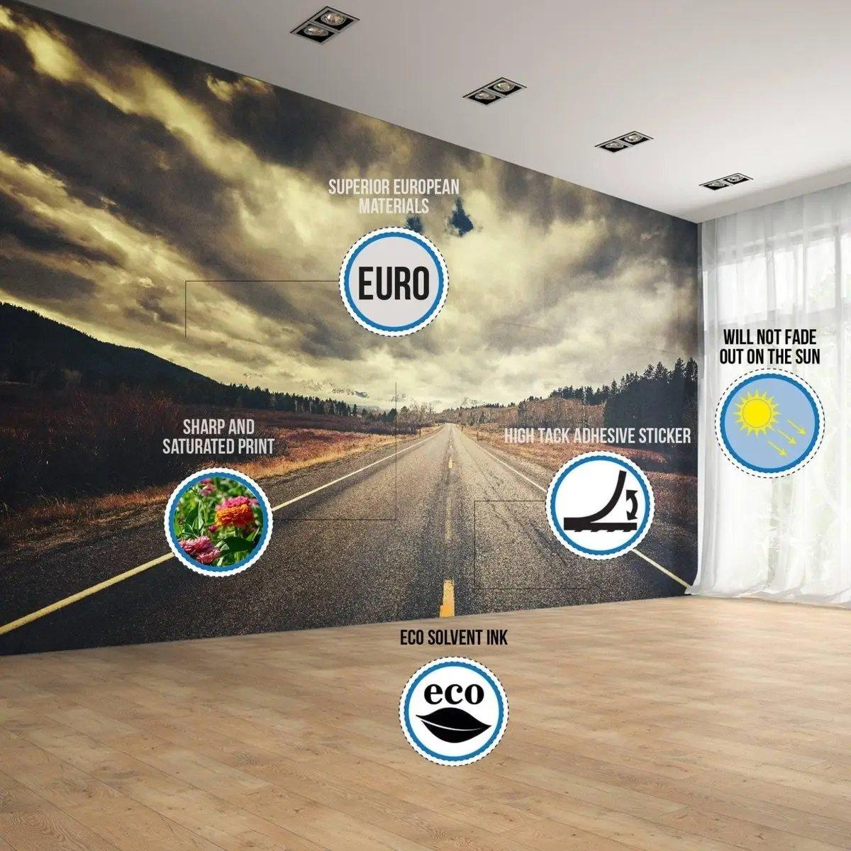Interior view showcasing a road wall mural with eco-friendly materials and high-quality print features.