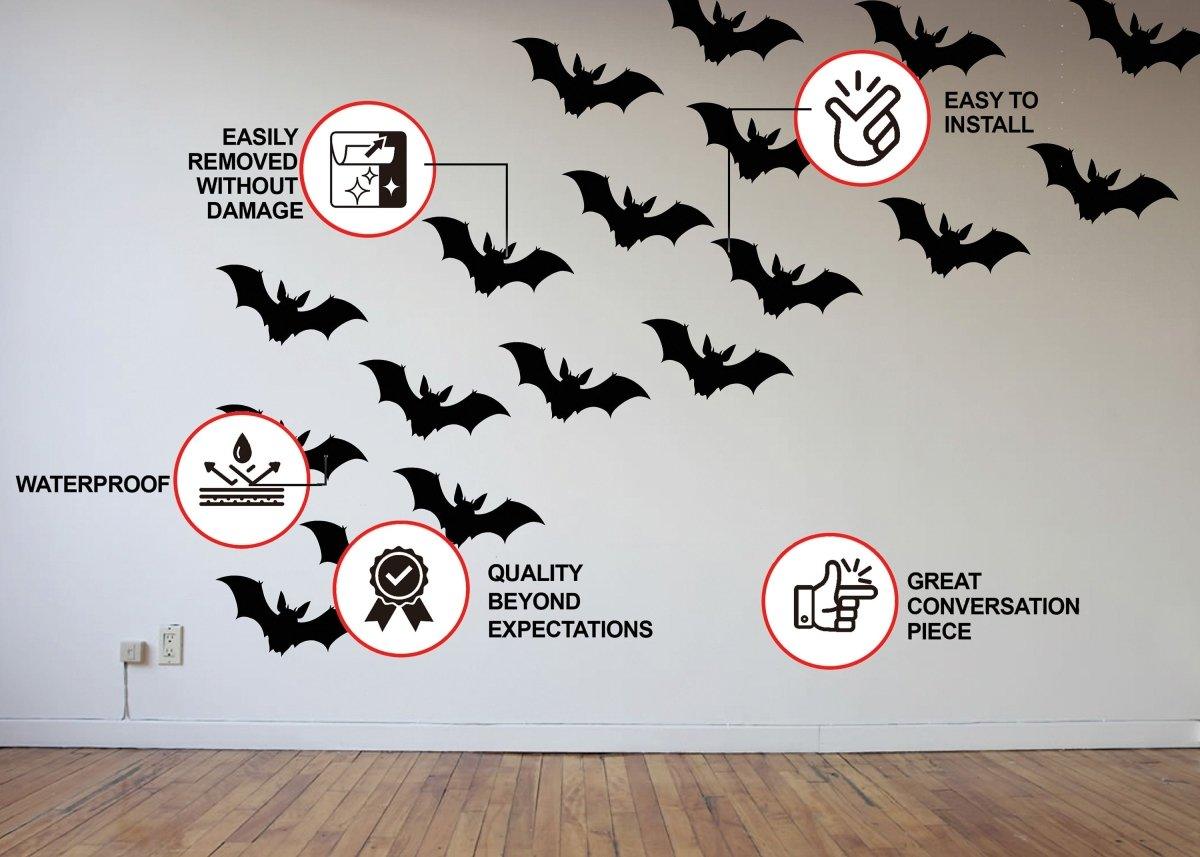 Wall decorated with Halloween bat stickers, highlighting waterproof, easy installation, quality features, and removability.