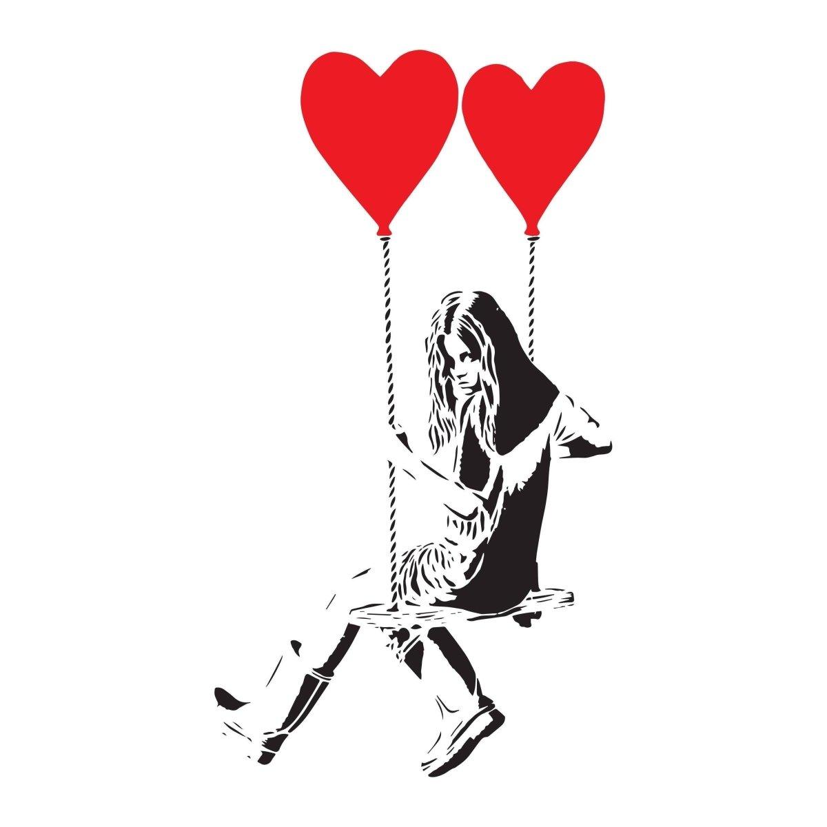 Vinyl heart balloon wall decal featuring a girl on a swing, perfect for creative home decoration.