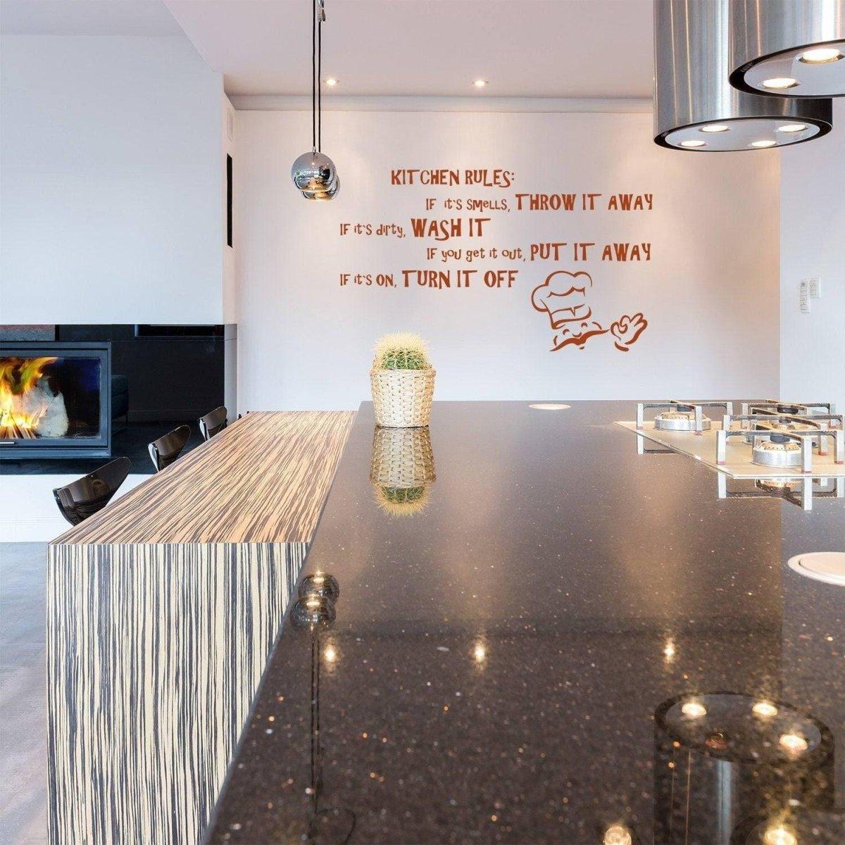 Family rules wall decal in a modern kitchen, featuring adorable humorous kitchen sayings.