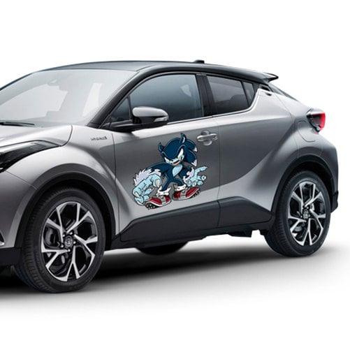 Custom car vinyl sticker featuring a graphic of a blue character on a stylish gray vehicle.