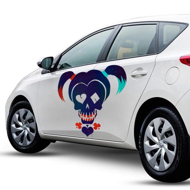 Custom vinyl car door sticker featuring a colorful skull design with playful pigtails and hearts.