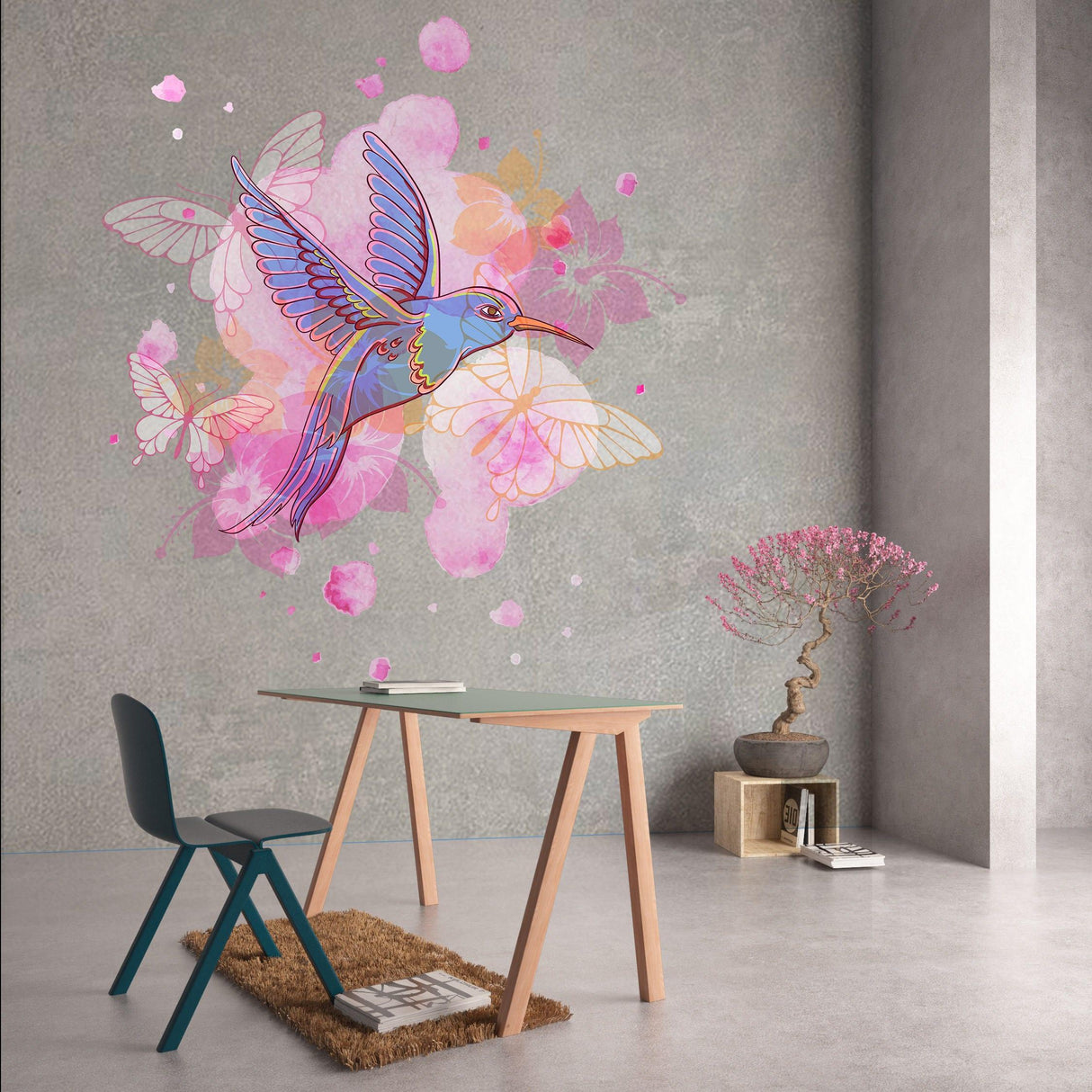 Colorful hummingbird wall vinyl sticker in a modern home office setting, adding vibrant decor and natural beauty.