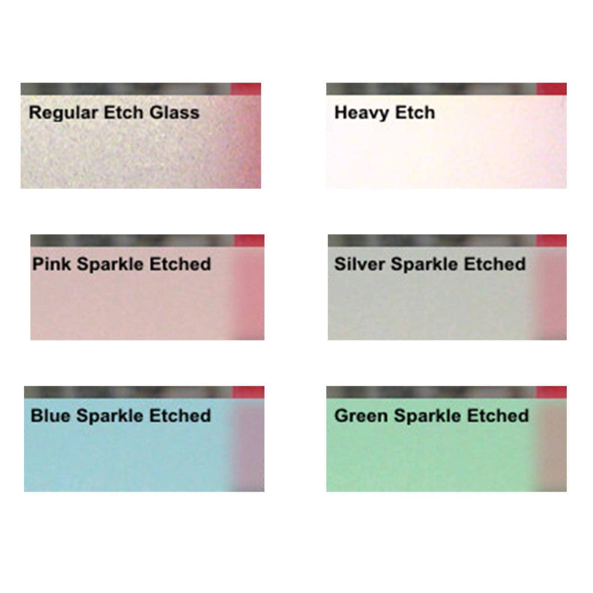 Variety of etched glass samples showcasing Regular, Heavy, Pink Sparkle, Silver Sparkle, Blue Sparkle, and Green Sparkle options.