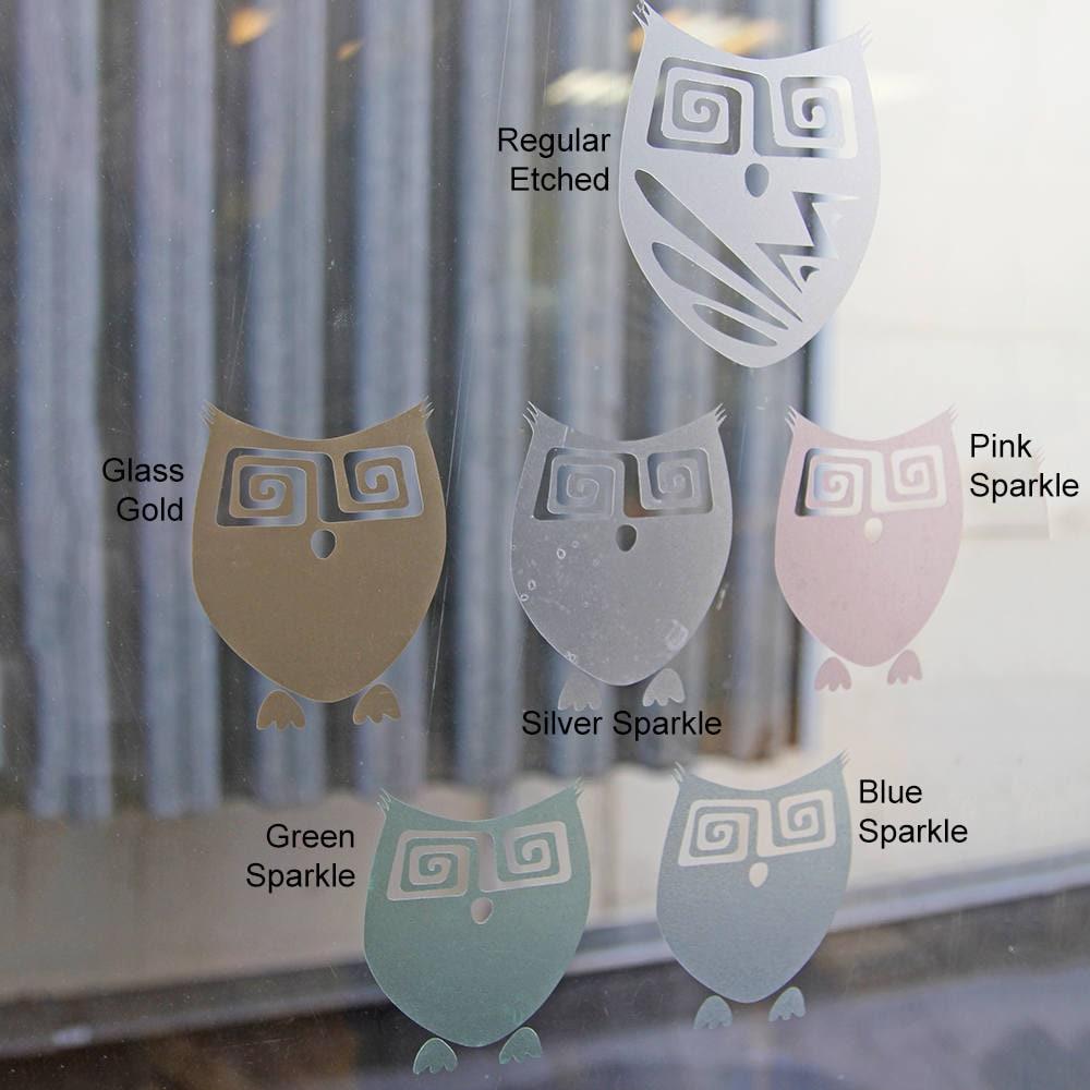 Collection of frosted owl vinyl decals in various colors: Glass Gold, Pink Sparkle, Silver Sparkle, Green Sparkle, Blue Sparkle.