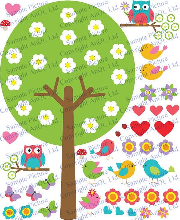 Nursery tree vinyl wall decal with owls, birds, flowers, and hearts for kids' room decor.