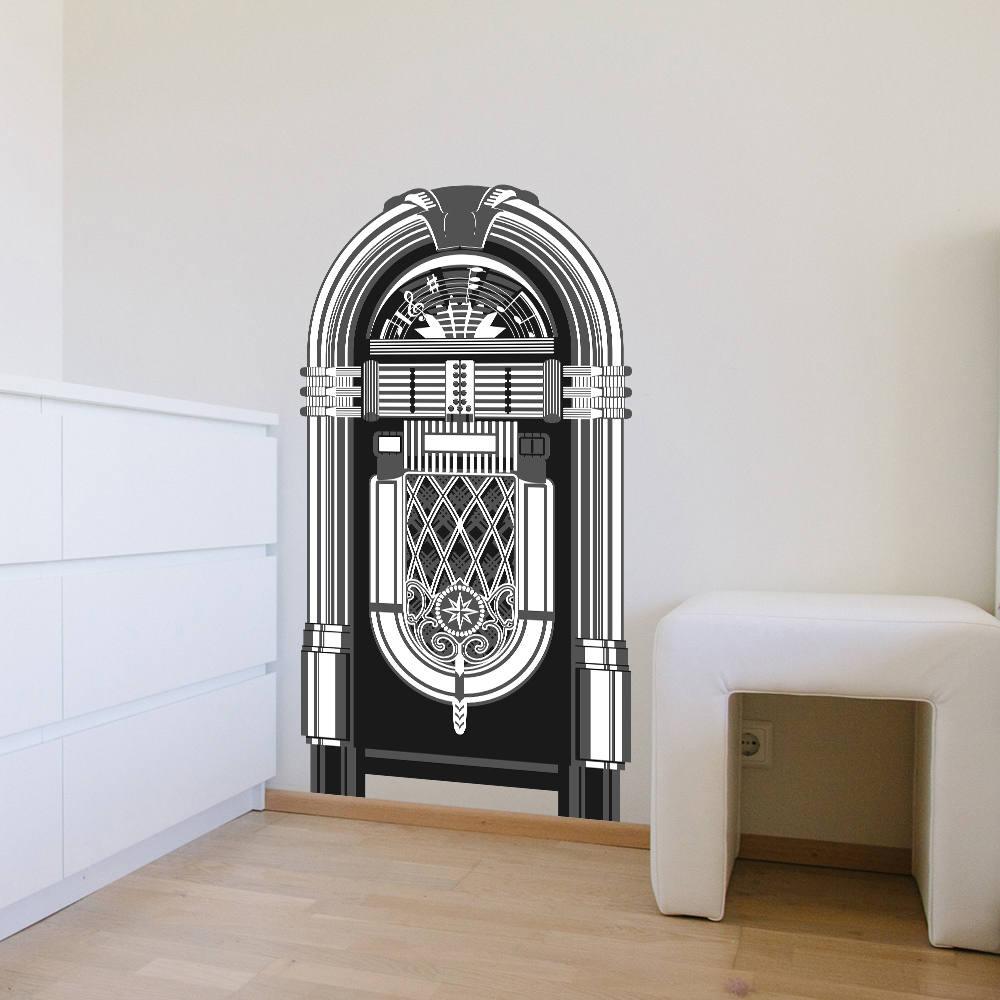 Vintage jukebox wall decal in a modern room, perfect for music lovers seeking nostalgic decor.