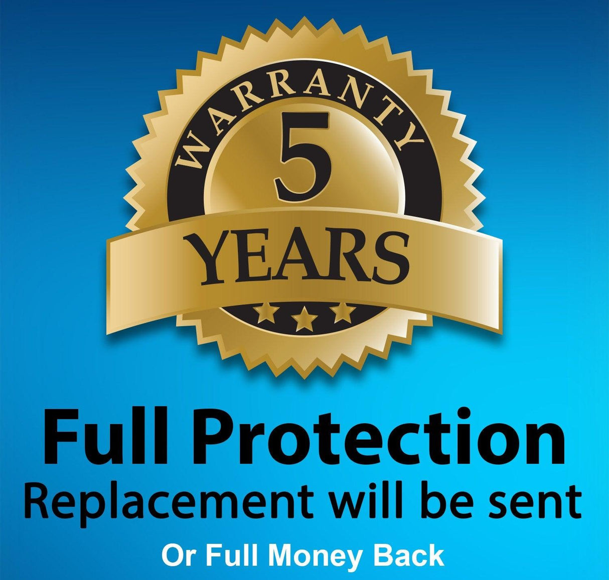 5-year warranty badge with text about full protection and money-back guarantee.
