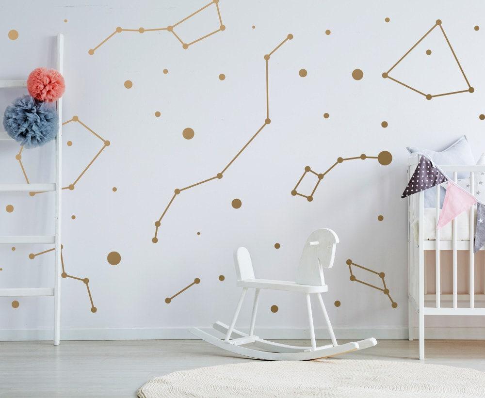 Constellations vinyl wall stickers featuring zodiac patterns and celestial designs in a nursery.